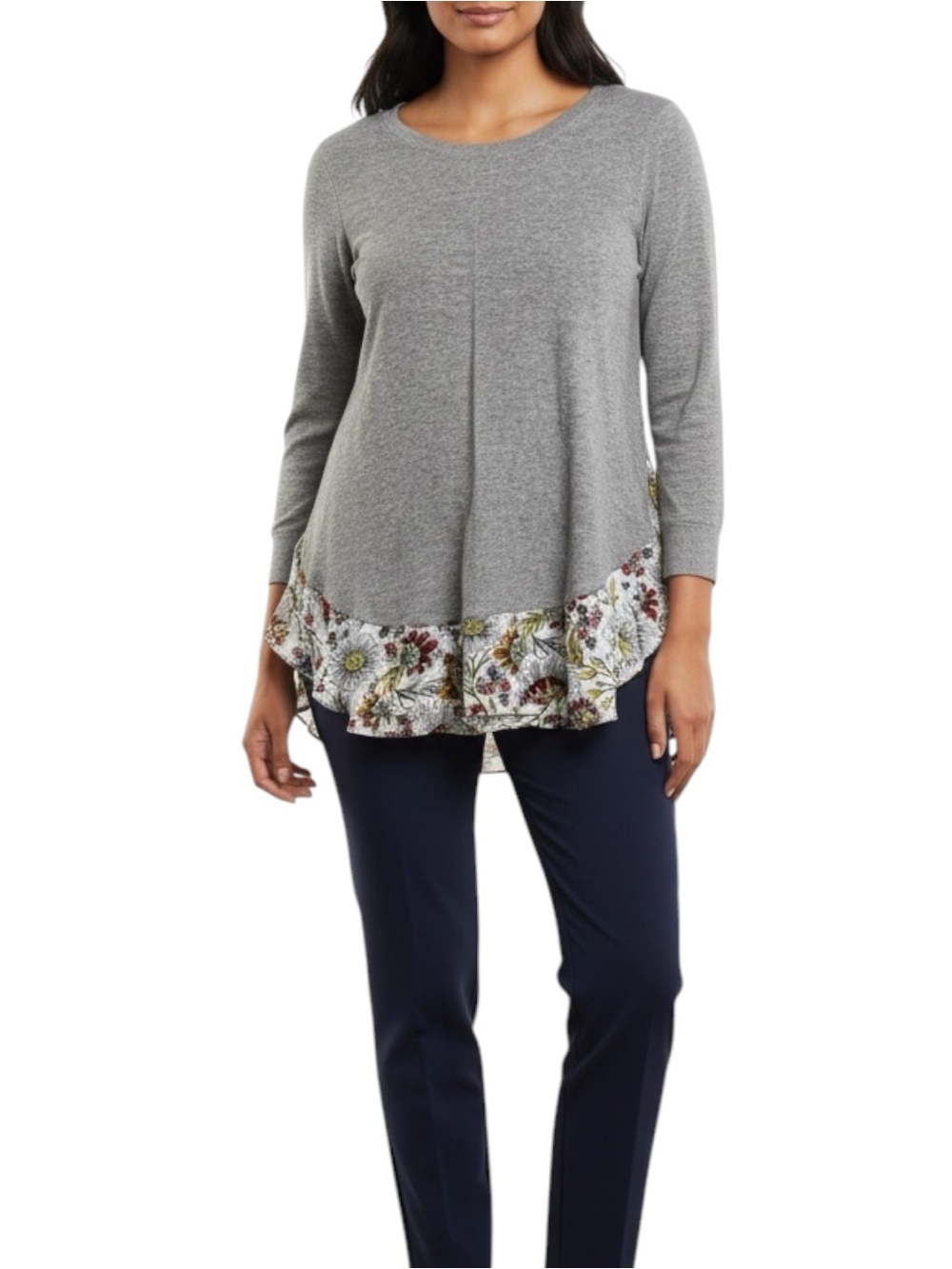 LOFT Crew Neck Gray Knit Floral Ruffle Satin Hem Longsleeve Sweater Top